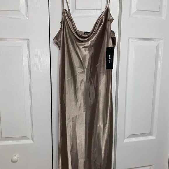 Tan BEBE cowl neck satin midi slip dress - Picture 4 of 5